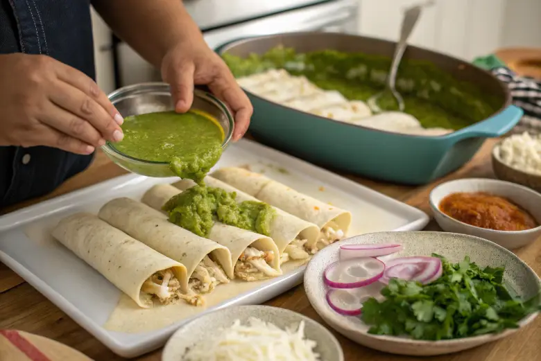 Persona vertiendo salsa verde sobre enchiladas rellenas de pollo y queso, listas para ser horneadas como Enchiladas Suizas.