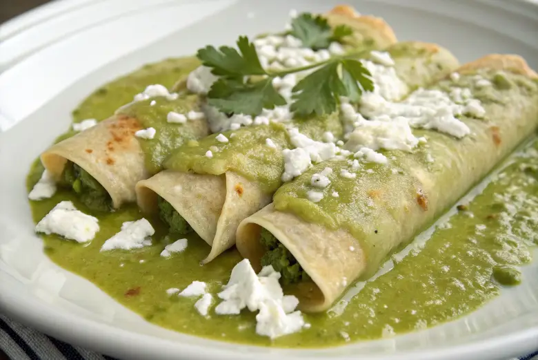 Imagen de primer plano de enchiladas suizas cubiertas con salsa verde y queso fresco