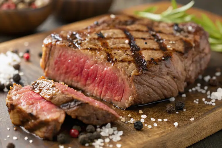 Primer plano de un delicioso ribeye a la parrilla, mostrando su interior rosado y marcas de la parrilla, sazonado con sal gruesa y pimienta negra.