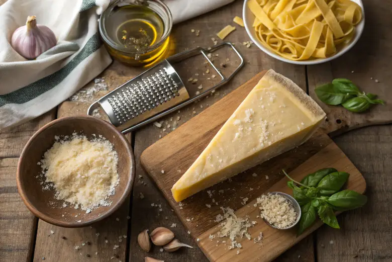 Wedge of Queso Parmesano cheese on a wooden board with pasta, garlic, olive oil, basil, and a grater.