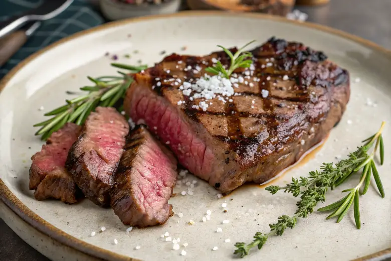 ugoso ribeye a la parrilla espolvoreado con sal gruesa y adornado con ramitas de romero y tomillo fresco