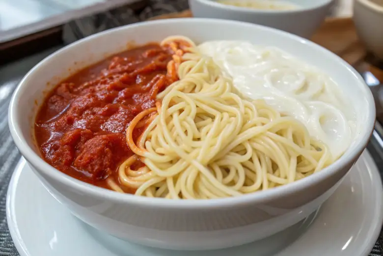 Spaghetti with red sauce and Media Crema.